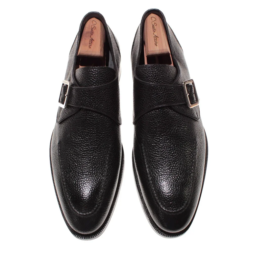 Di Bianco NWD Single Monk Strap Dress Shoes Size 9 US in Black Pebbled Leather